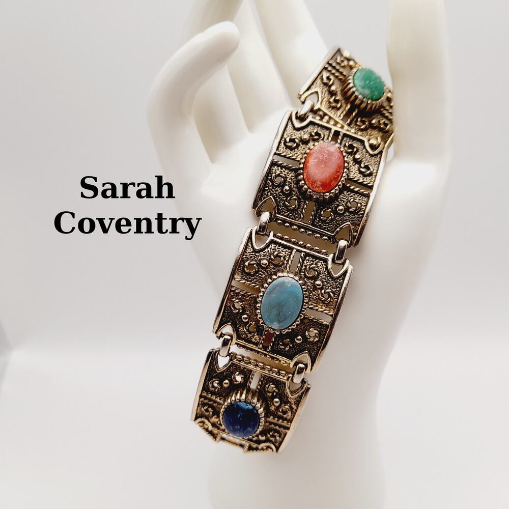 Vintage Sarah Coventry Granada Bracelet, Multicolor Cabochons, Gold Tone, 1960s
